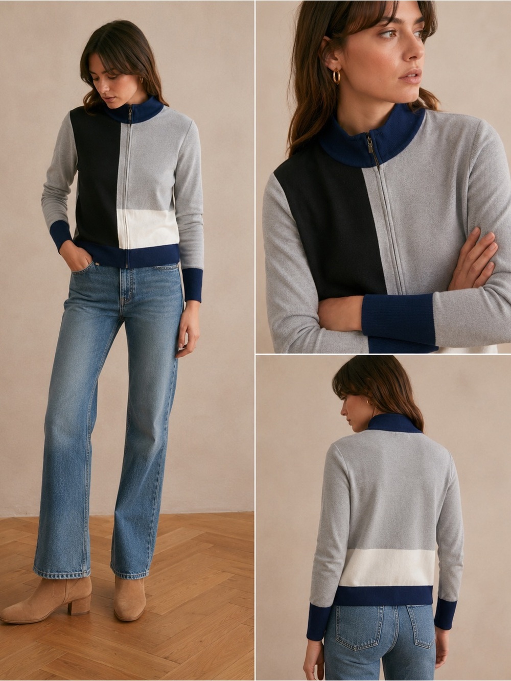 St. John Colorblock Zip Front Sweater - Navy, Black, Gray, White